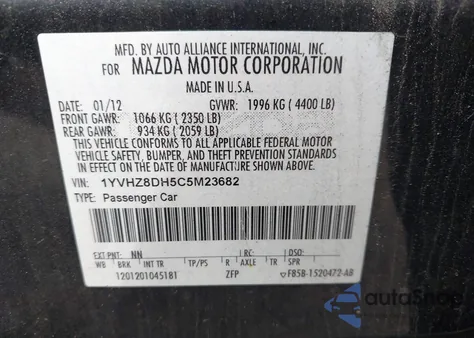 2012 Mazda Mazda6 I Touring from USA, damaged, VIN 1YVHZ8DH5C5M23682